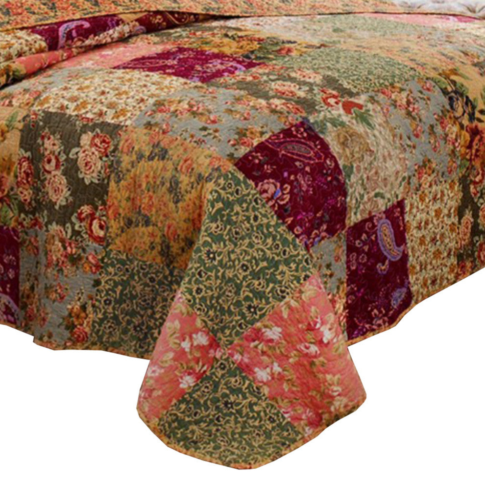 Kamet 3 Piece Fabric Queen Size Bedspread Set with Floral Prints,Multicolor
