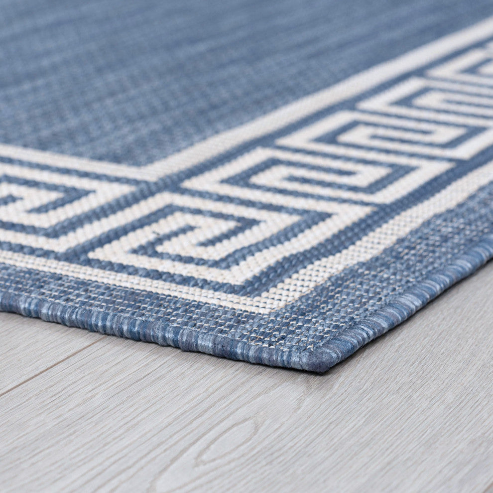 Giovanna Transitional Greek Key Blue/Cream Round Indoor/Outdoor Area Rug, 8'