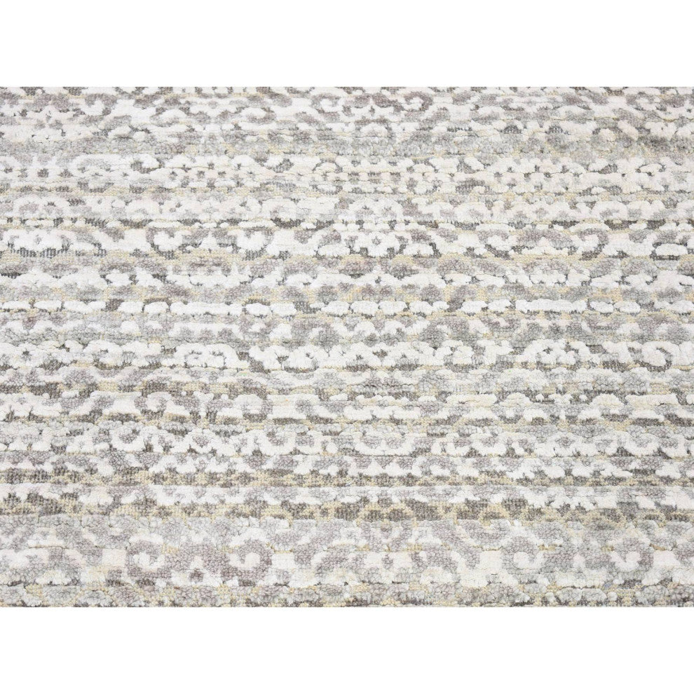 Ivory Modern Arabesque Design Hand Knotted Wool and Silk Runner Rug, 2'8"x8'2"
