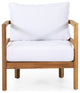 Aggie Outdoor Acacia Wood Club Chair With Cushions, Teak and White