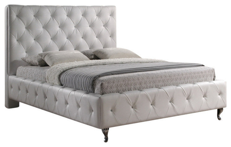 Stella Crystal Tufted White Modern Bed With Upholstered Headboard, King Size