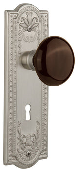 Single Meadows Plate With Brown Porcelain Knob, Satin Nickel