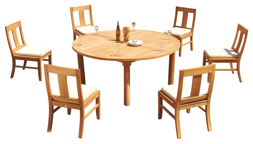 7-Piece Outdoor Patio Teak Dining, 72" Round Table, 6 Osbo Armless Chair