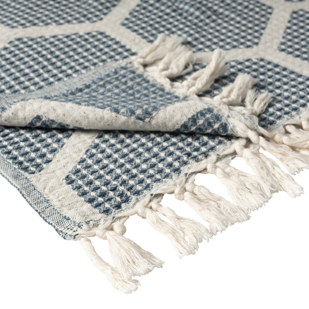 Blue/ Cream Geometric Turkish Organic Cotton Throw Blanket, Blue