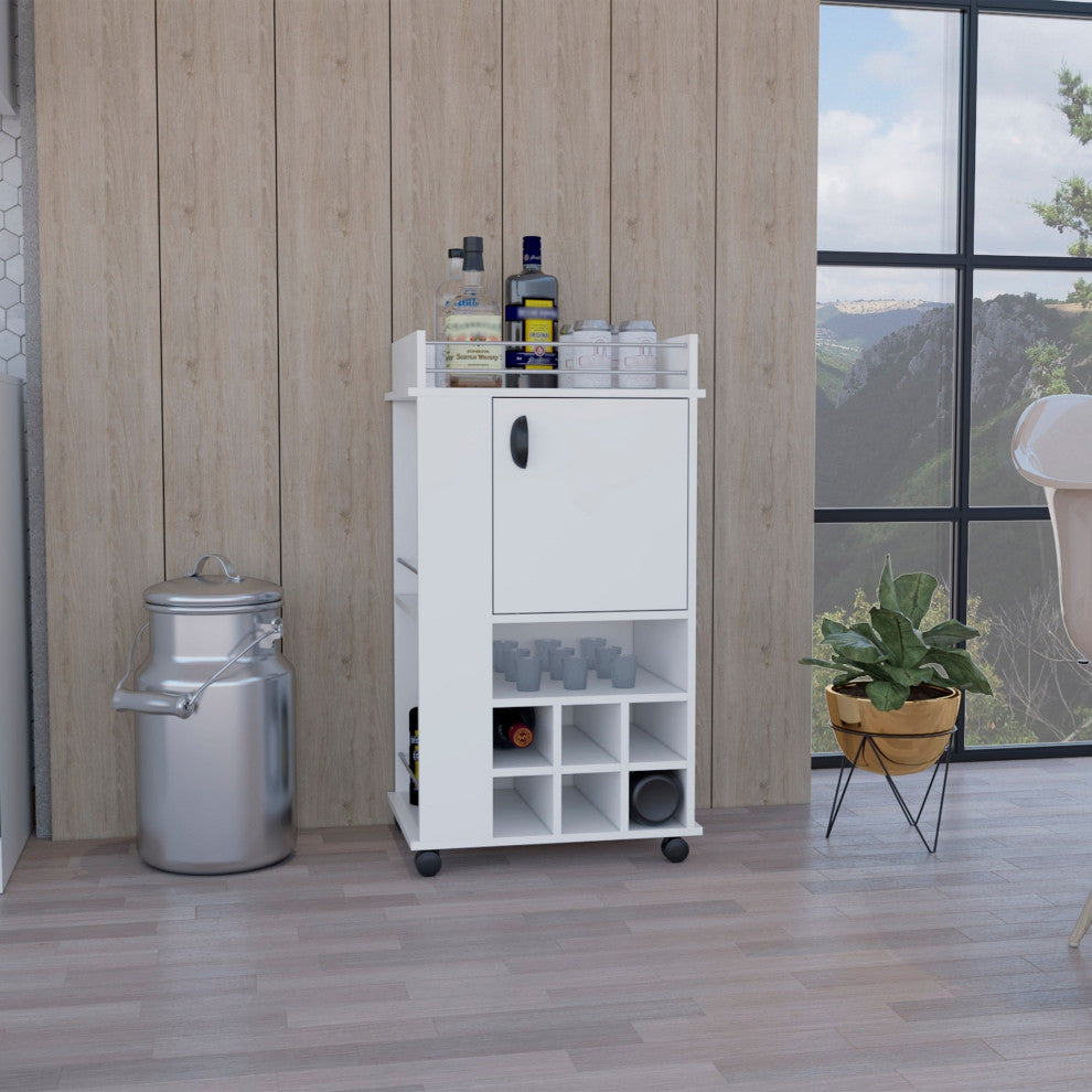Farson Bar Cart with 6 Built-in Wine Racks, Cabinet, and Caster Wheels, White