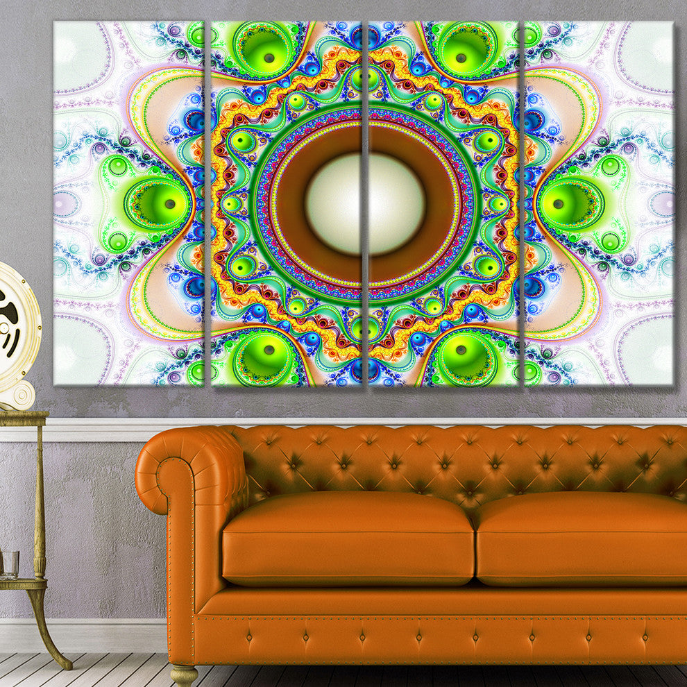 Green Fractal Circles and Waves, Abstract Canvas Art Print, 48"x28", 4 Panels