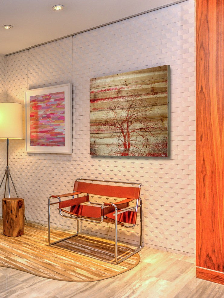 "Red Branches" Print on Natural Pine Wood, 32"x32"