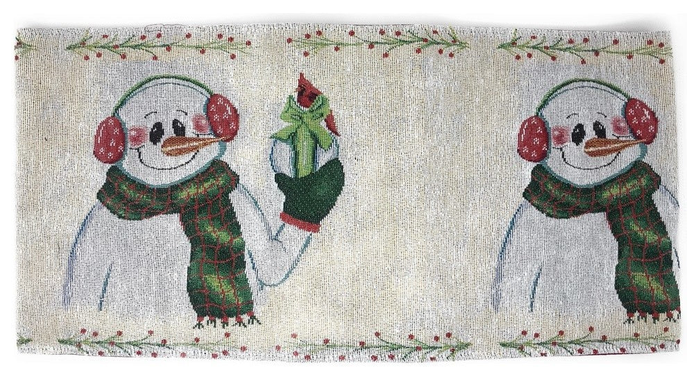 Magical Snowman Table Runner, Festive Holiday White Tapestry, 13" X 90"