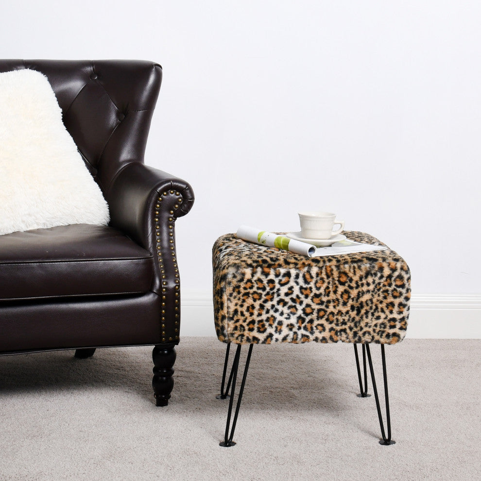 Leopard Faux Fur Ottoman, 17''x17''x17''