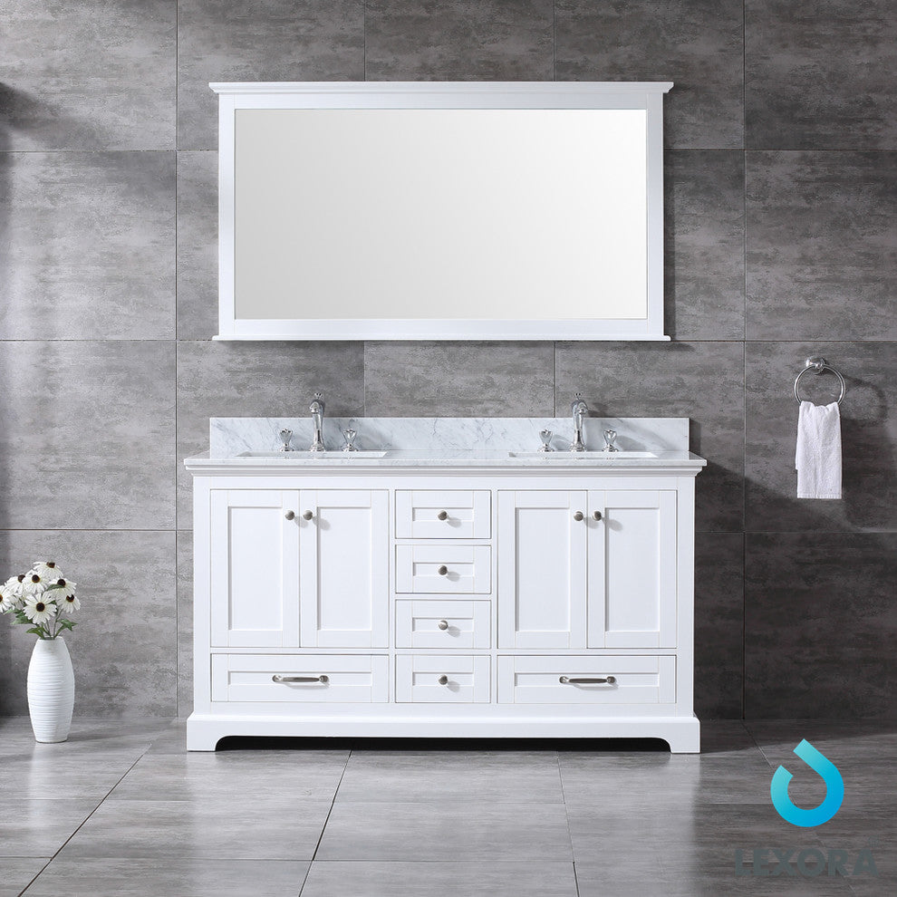 Dukes 60" Double Vanity Cabinet Carrara Marble Top Sinks, 58" Wall Mirror