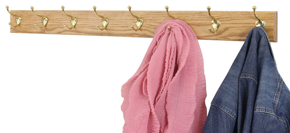 Solid Oak Wall Coat Rack, Brass Hooks, Golden Oak, 52"x3.5", 10-Hooks