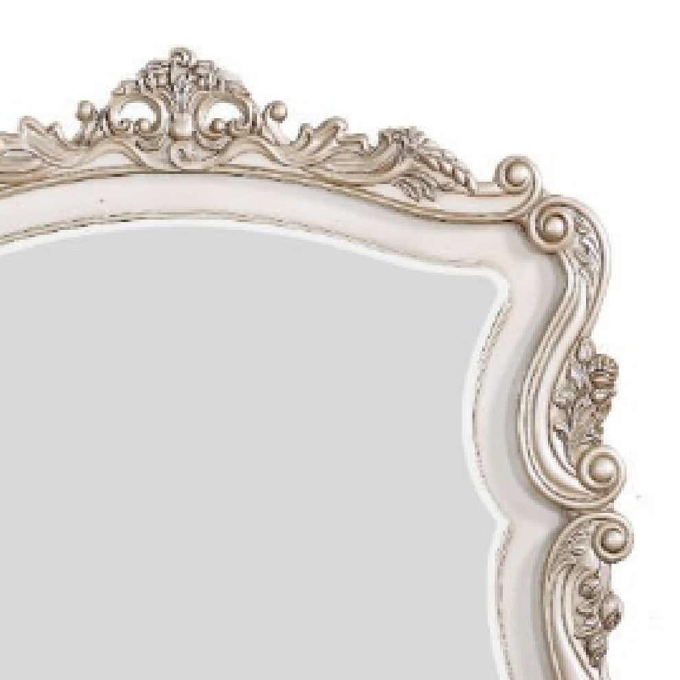 Benzara BM275074 Wood Mirror, Scalloped, Scroll Ornate Trim, Antique White