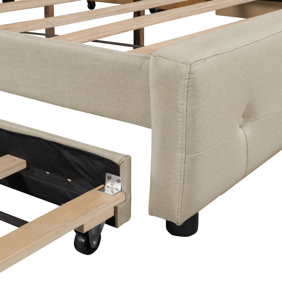 Queen Wood Frame Platform Bed with Drawers and Twin XL Trundle, Beige, Queen