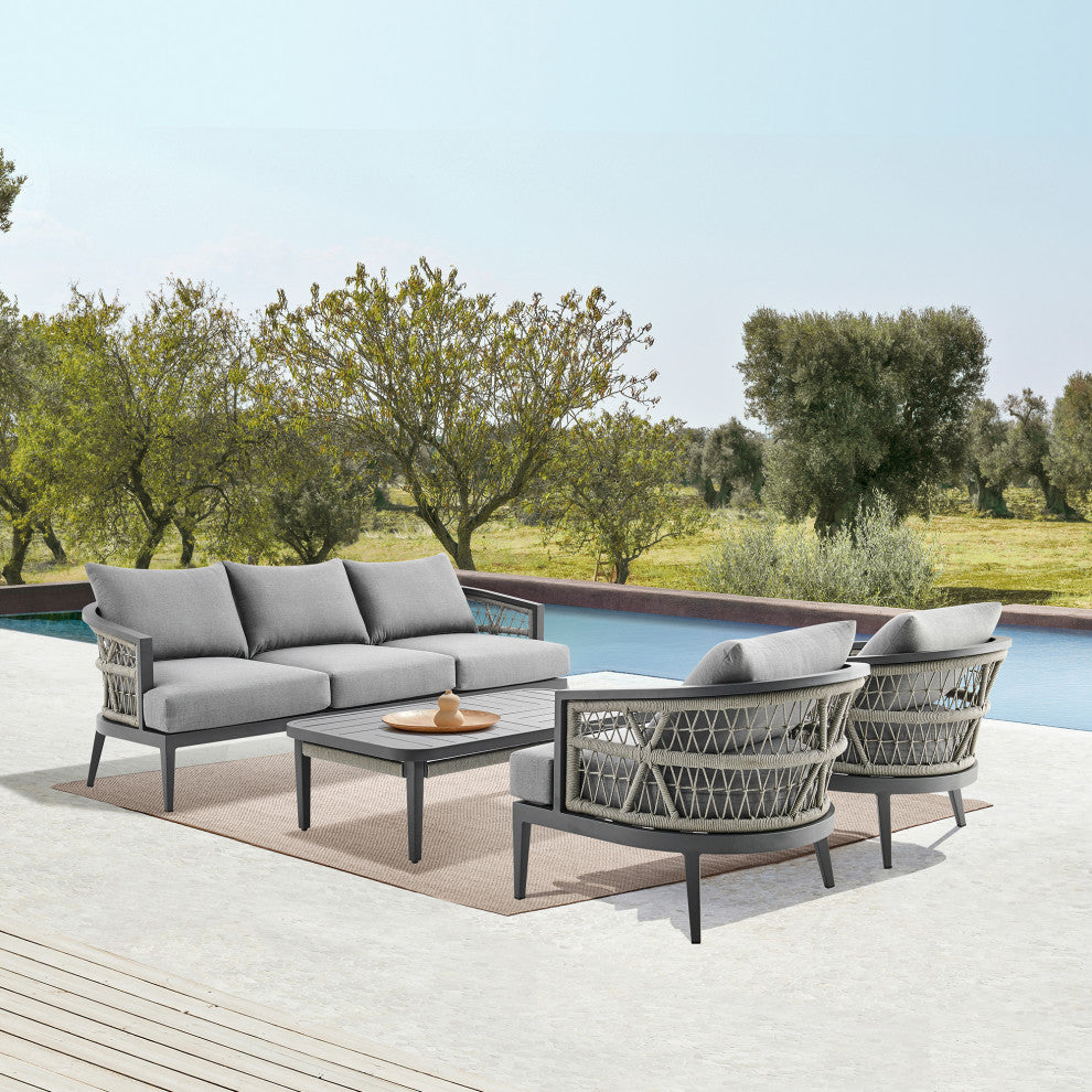 Zella Outdoor Patio Sofa, Aluminum With Light Gray Rope/Earl Gray Cushions