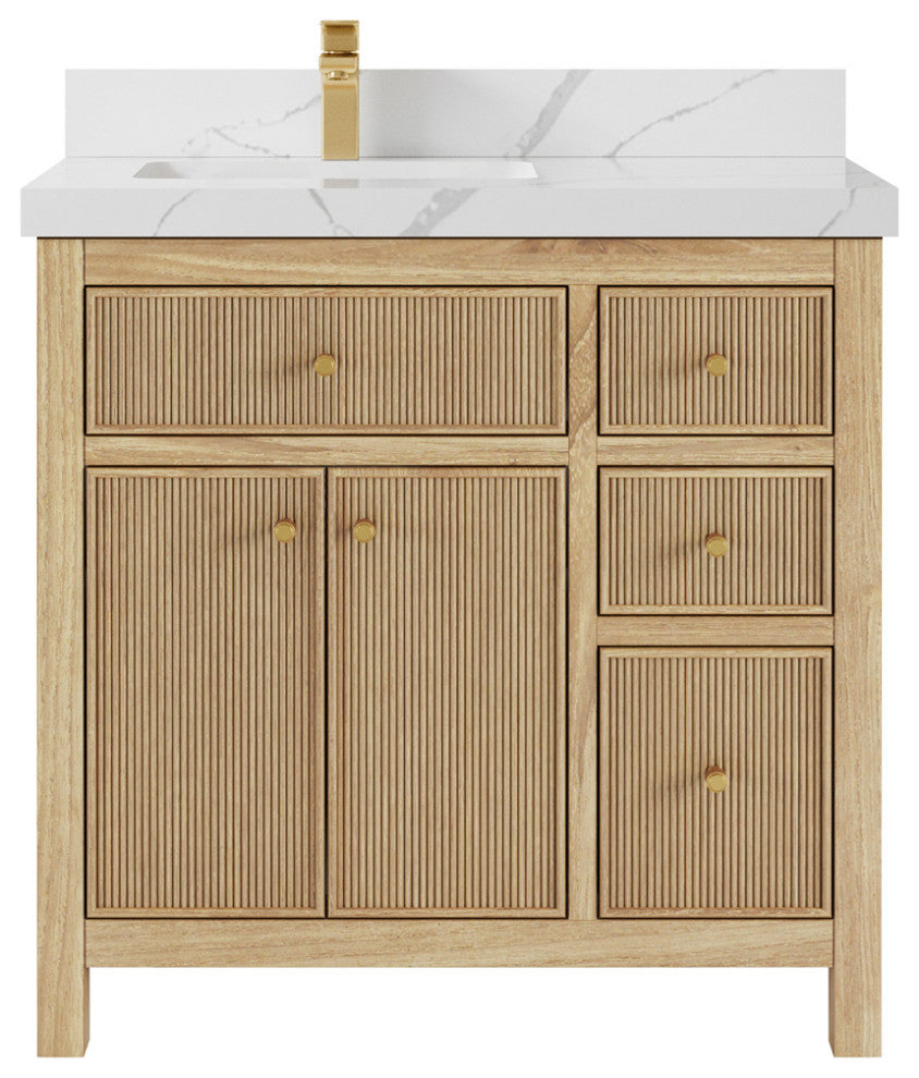 Sonoma 36 Left Offset Bath Vanity in Light Natural Teak with 2" Calacatta Laza