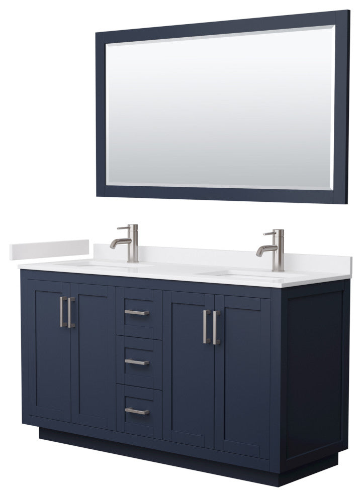 60"DBL Vanity Dark Blue, White Cult. Marble Top, Sinks, Nickel Trim, 58"Mirror
