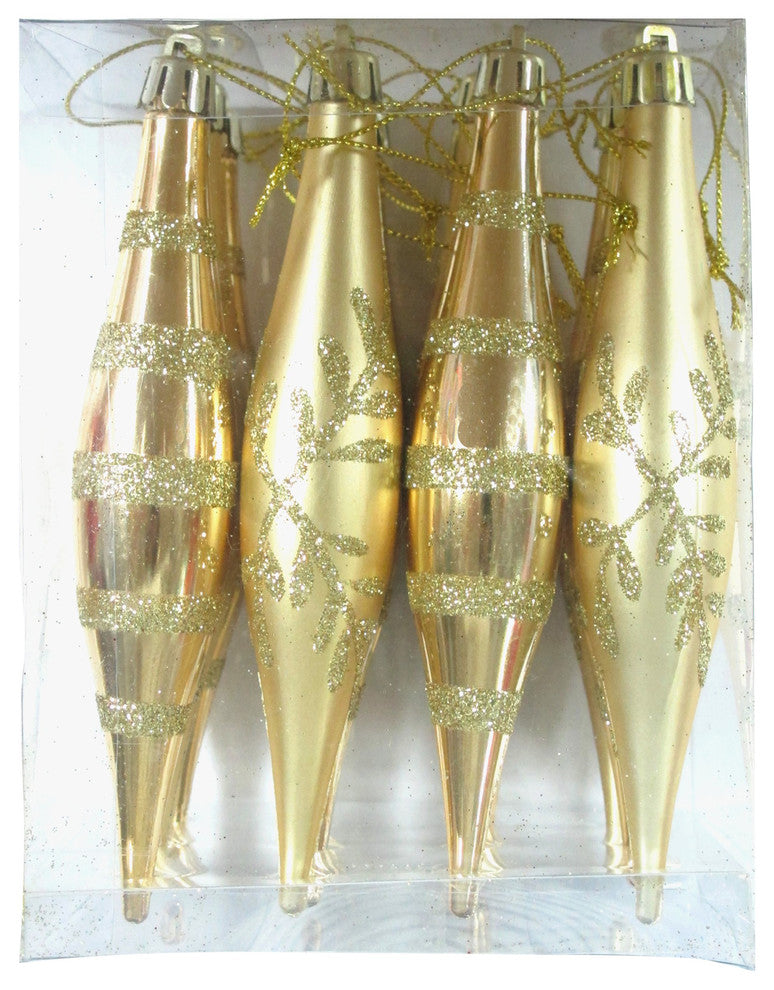 Gold Finial Ornament With Snowflake And Line Glitter Design