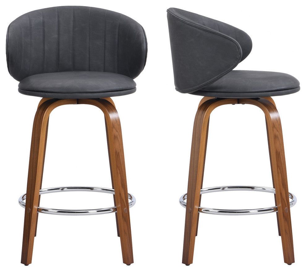 Swivel Counter Stool, Wood Bar stools, Pu Leather, Set of 2, Mid-Century Modern, Gray, 26''