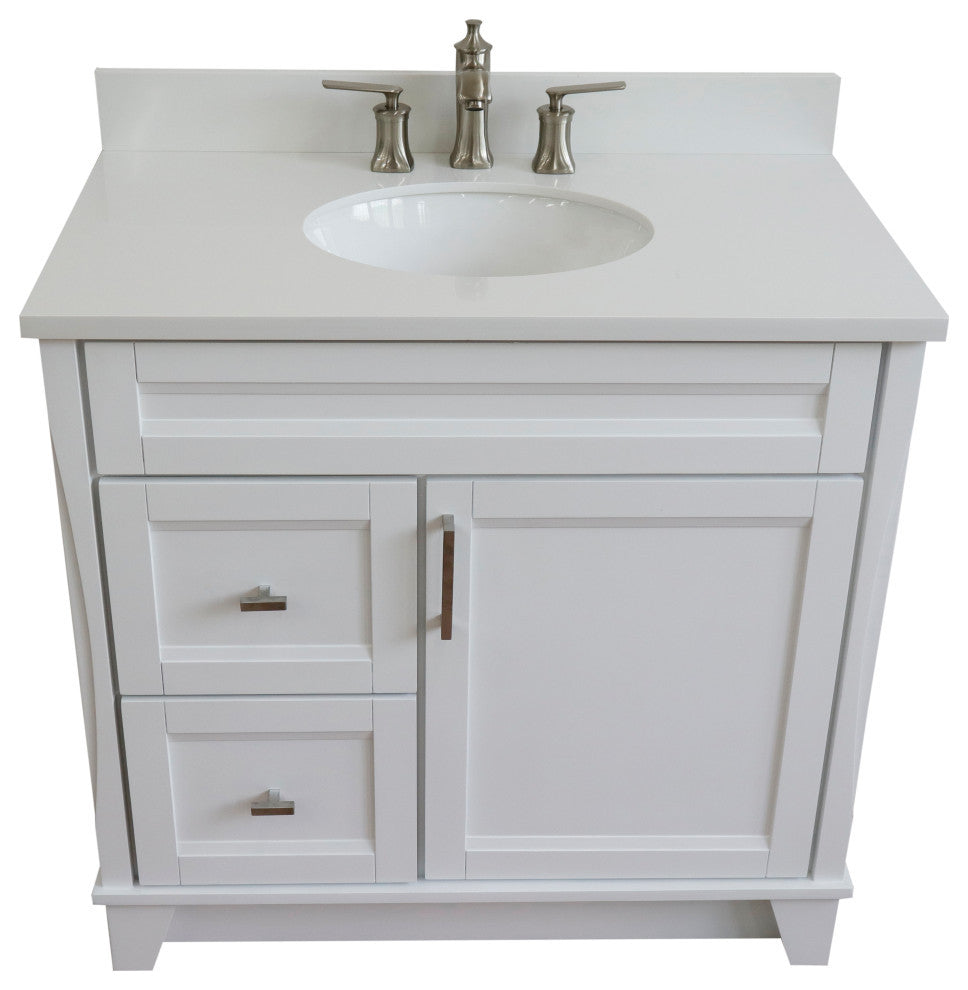 37" Single Sink Vanity, White Finish With White Engineered Stone Top
