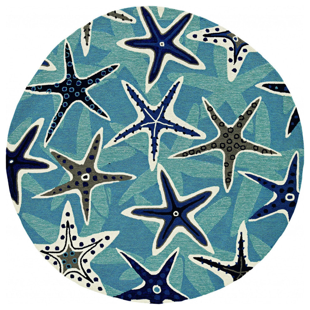 8' Blue Hand Woven UV Treated Coastal Starfish Round Indoor Outdoor Area Rug