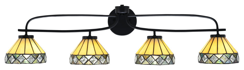 Cavella 4 Light Bath Bar, Matte Black Finish, 7" Diamond Peak Art Glass