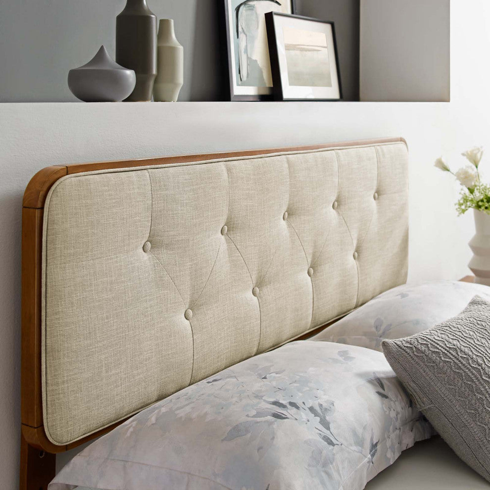 Tufted Headboard, King Size, Wood, Fabric, Brown Walnut Beige, Modern