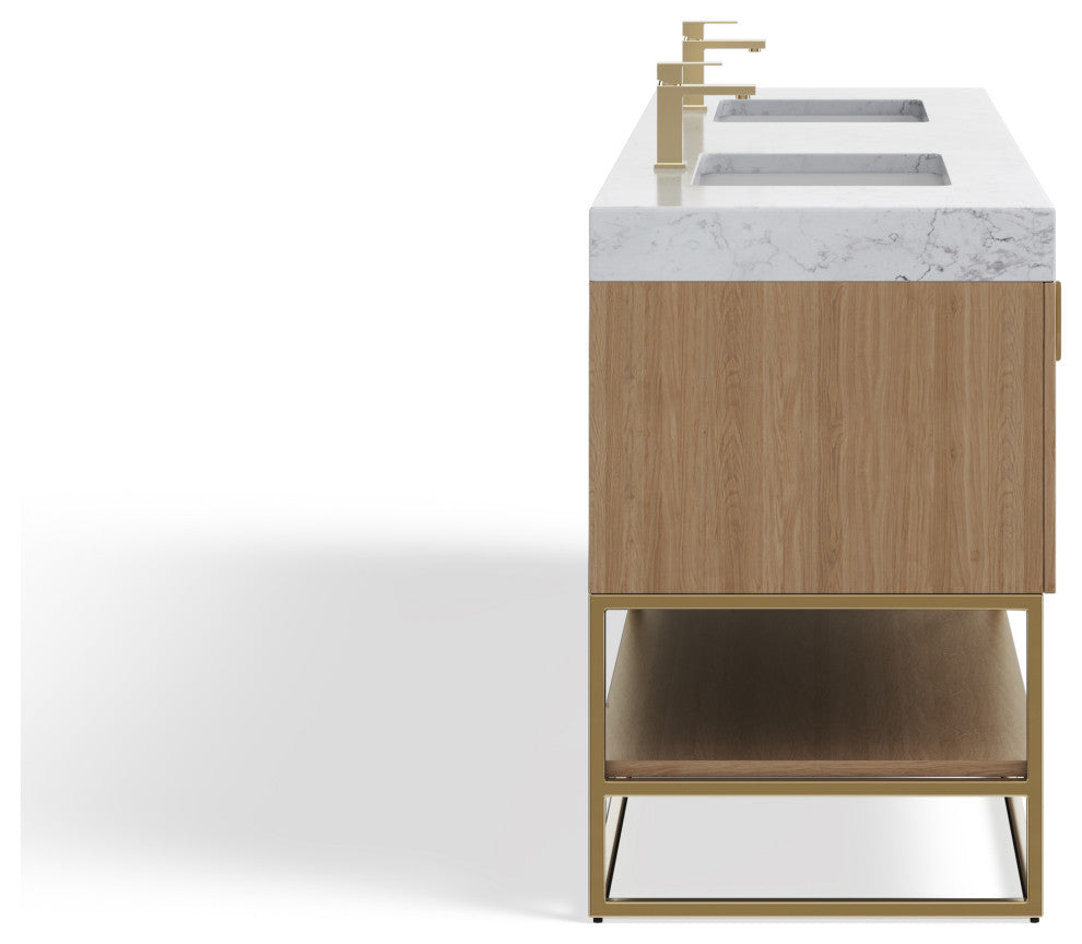 Bahia Bath Vanity, Oak, 84", Brushed Gold Hardware, Double, Freestanding