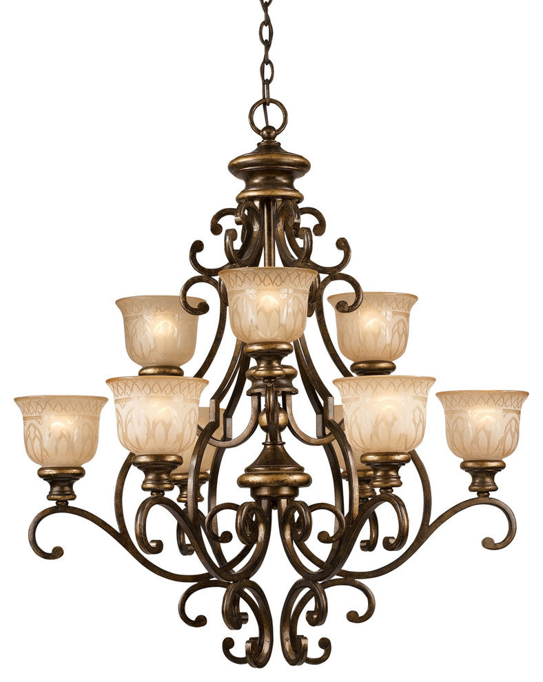 Norwalk 9-Light Chandelier, Bronze Umber and Amber Etched Glass