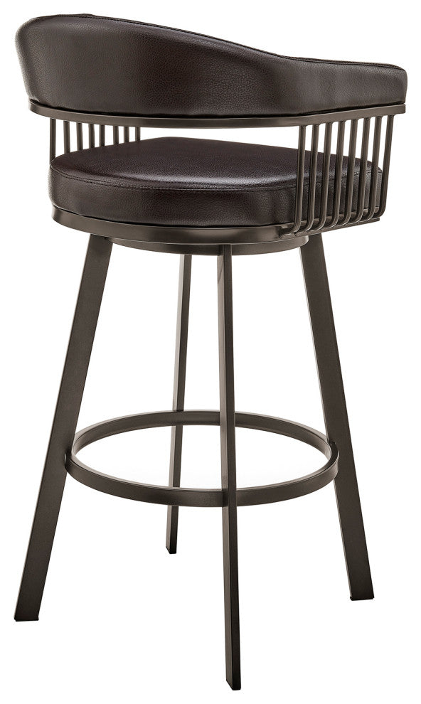 Benzara BM270140 Swivel Barstool With Open Metal Frame and Slatted Arms, Brown