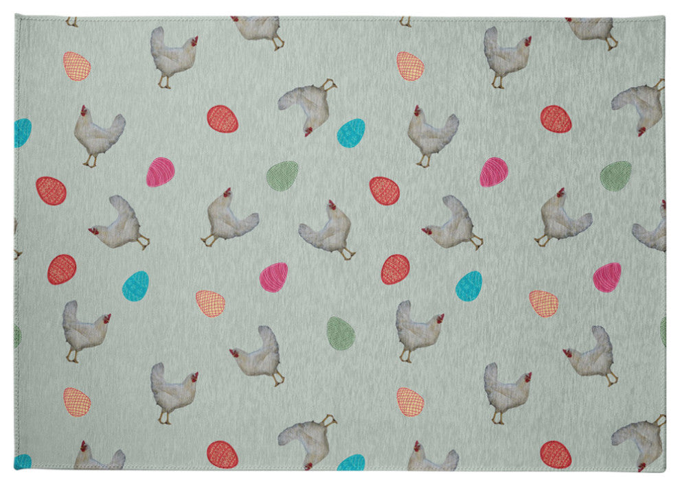 Chickens and Eggs Easter Chenille Rug, Breezeway Green, 5'x7'