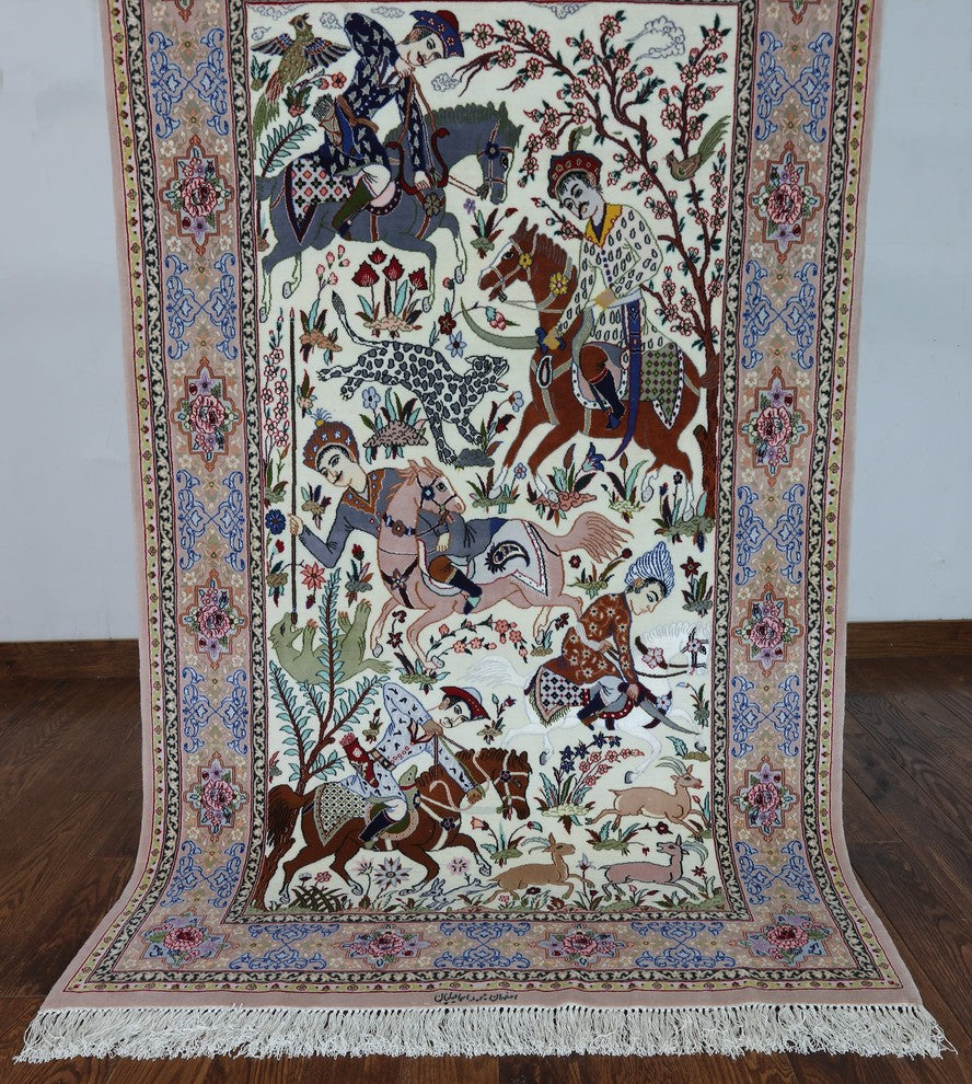 Hunting Scene Handmade Wool and Silk Authentic Signed Persian Isfahan Rug, 4'x7'
