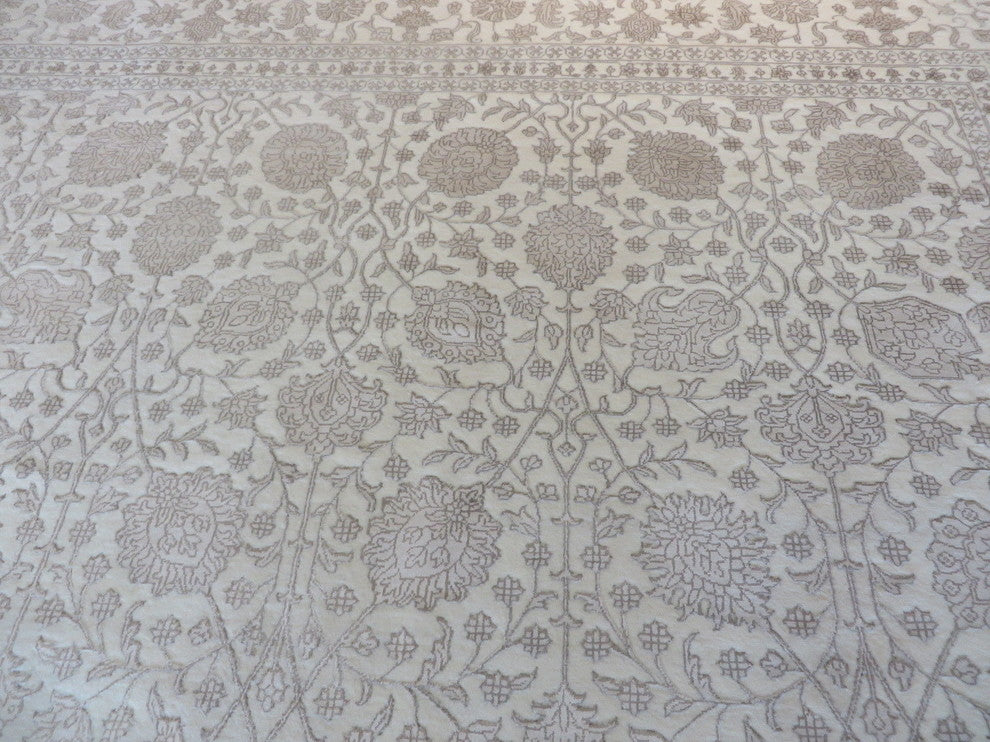 9x12 Hand Knotted Tone On Tone Fine Tabriz Ivory With Silk Oriental Rug