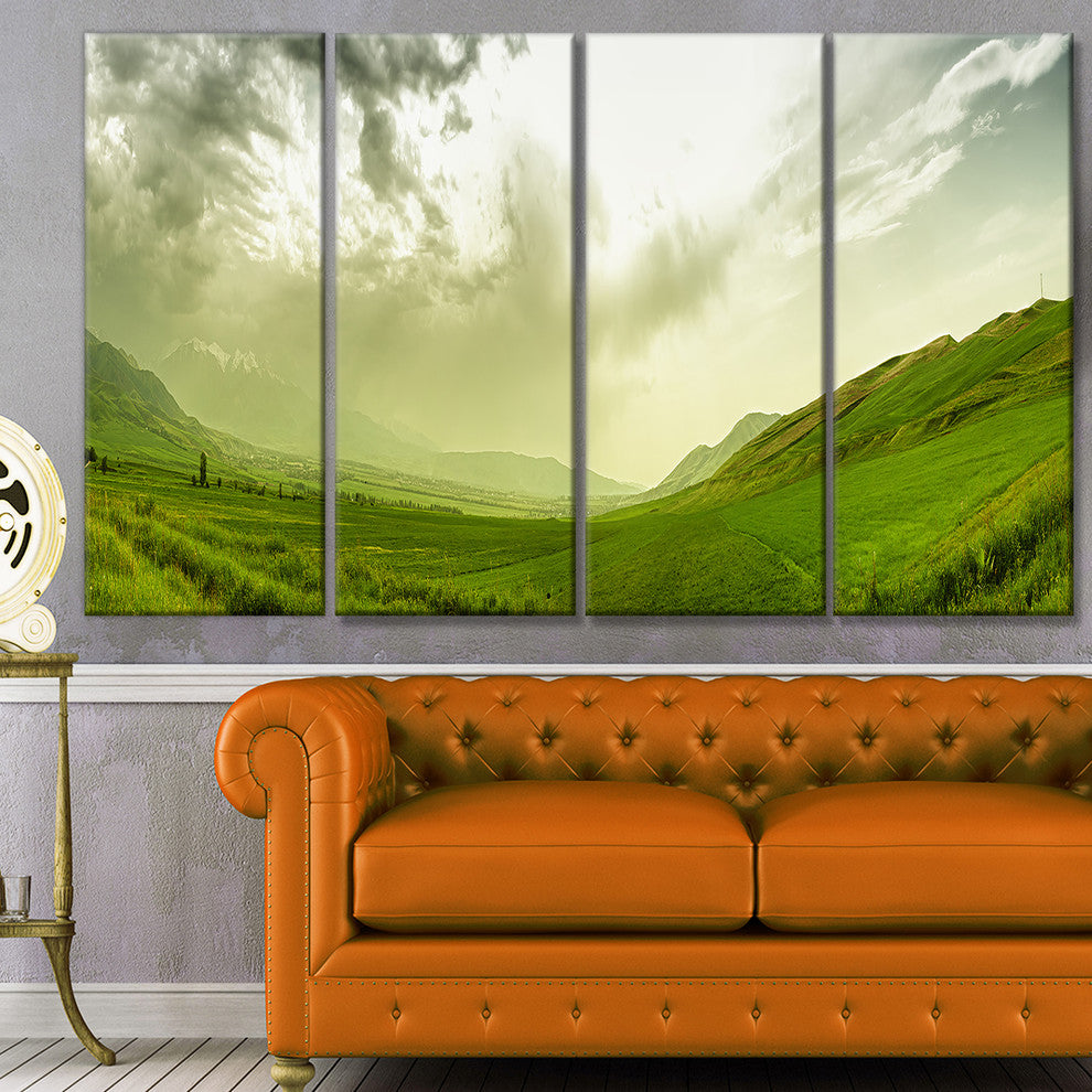 Meadow under Clouds Panorama, Landscape Canvas Art Print, 48"x28", 4 Panels