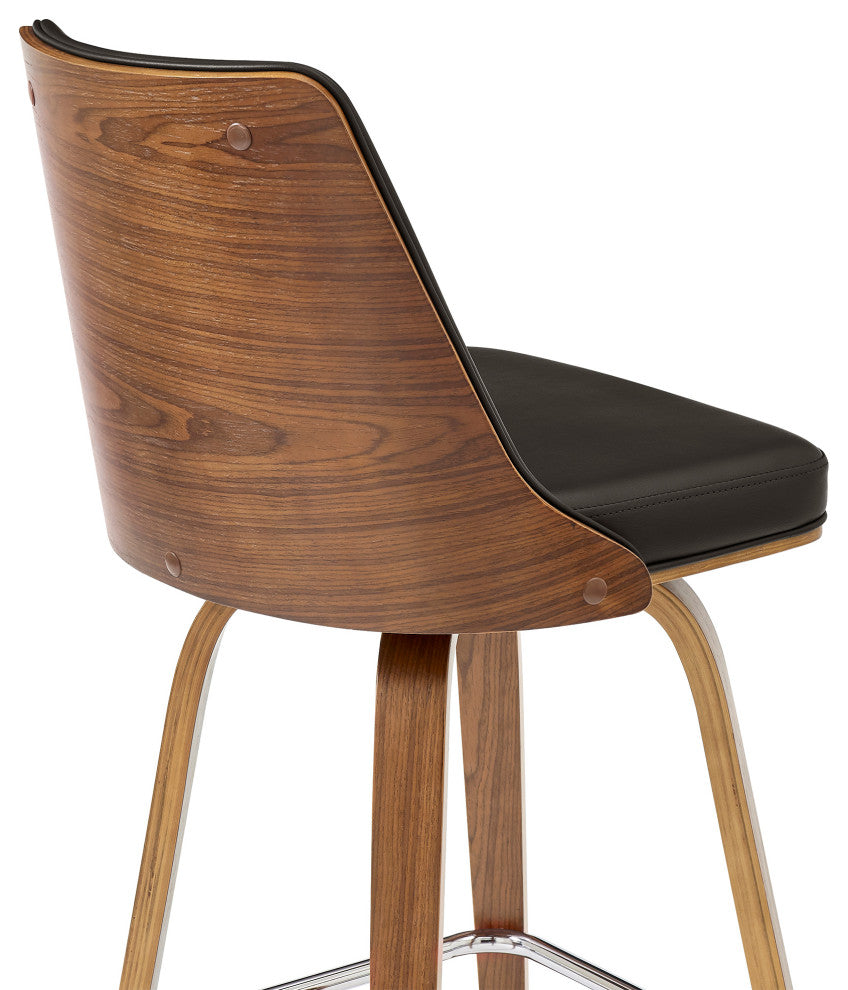 Nolte 30" Swivel Bar Stool in Brown Faux Leather and Walnut Wood