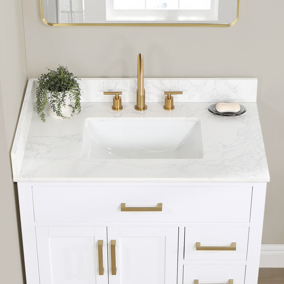 Gavino Vanity With Grain White Composite Stone Top, White/Brushed Gold, 36", No Mirror
