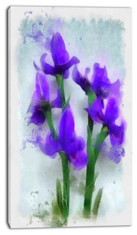 Blue Irises Illustration Watercolor, Floral Canvas Art Print, 16"x32"