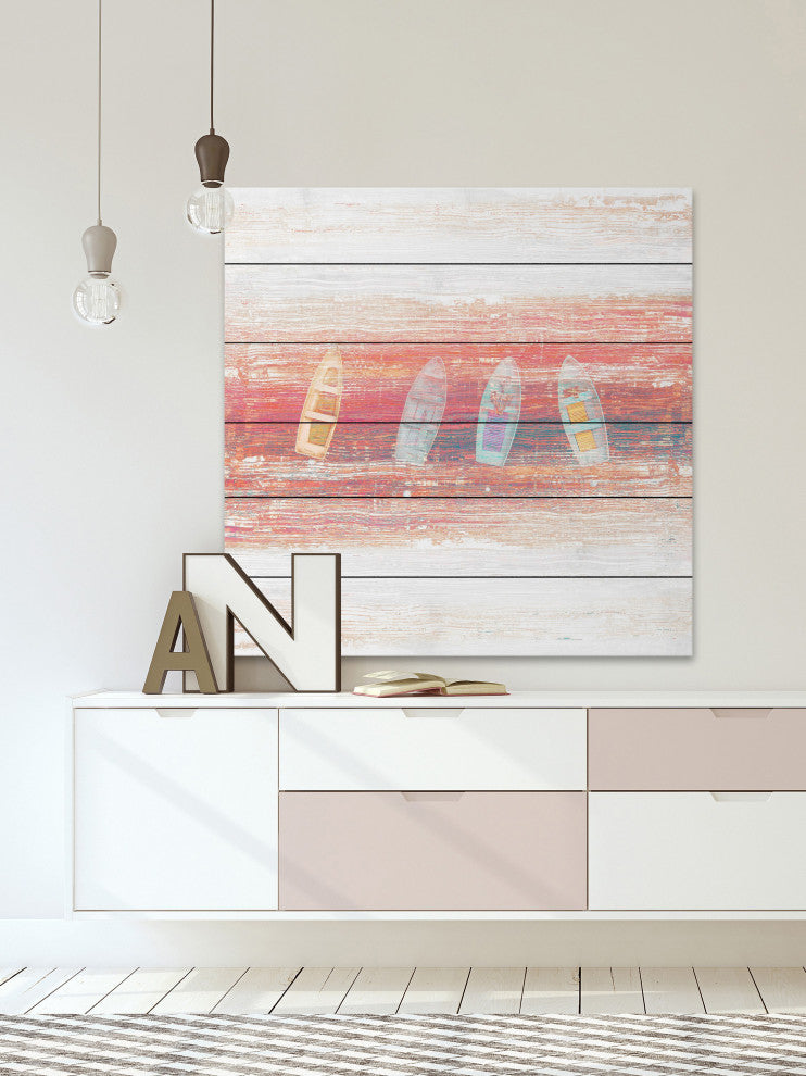 "Four Small Boats" Painting Print on White Wood, 32"x32"