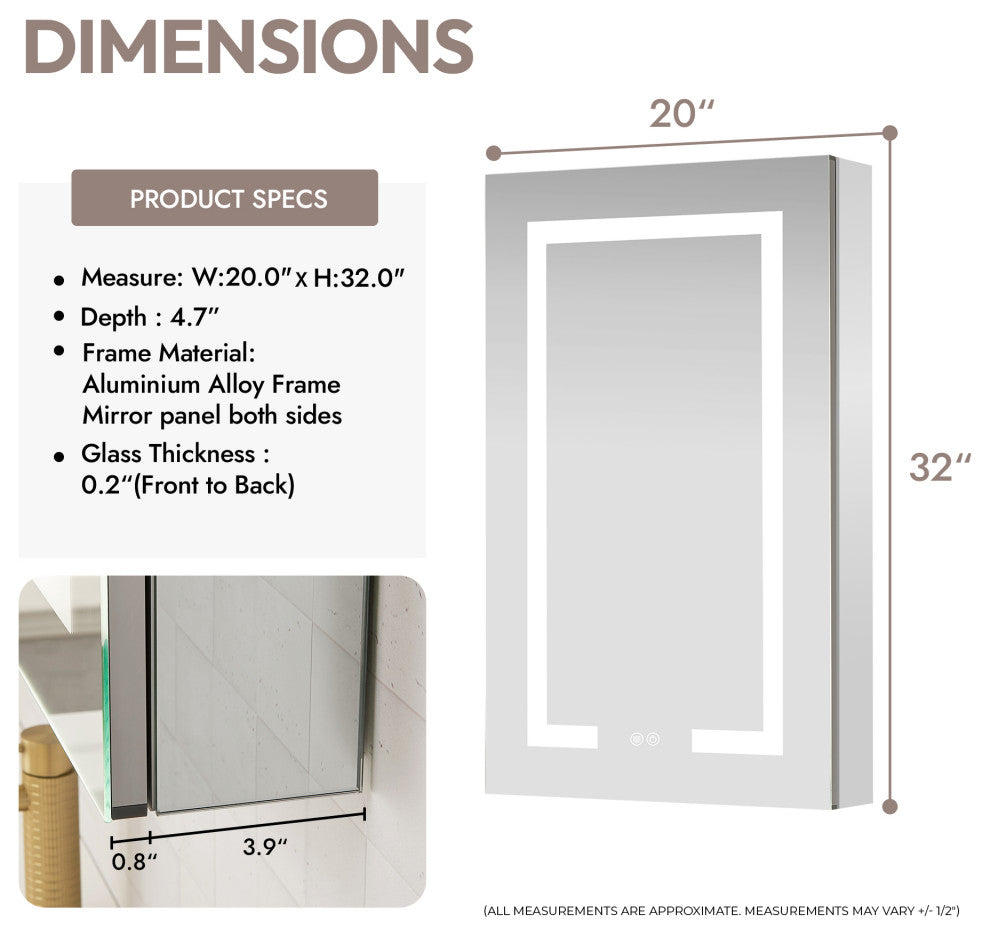 Santona Wall Medicine Cabinet, Frameless LED Mirror, Silver, 20"w X 32"h