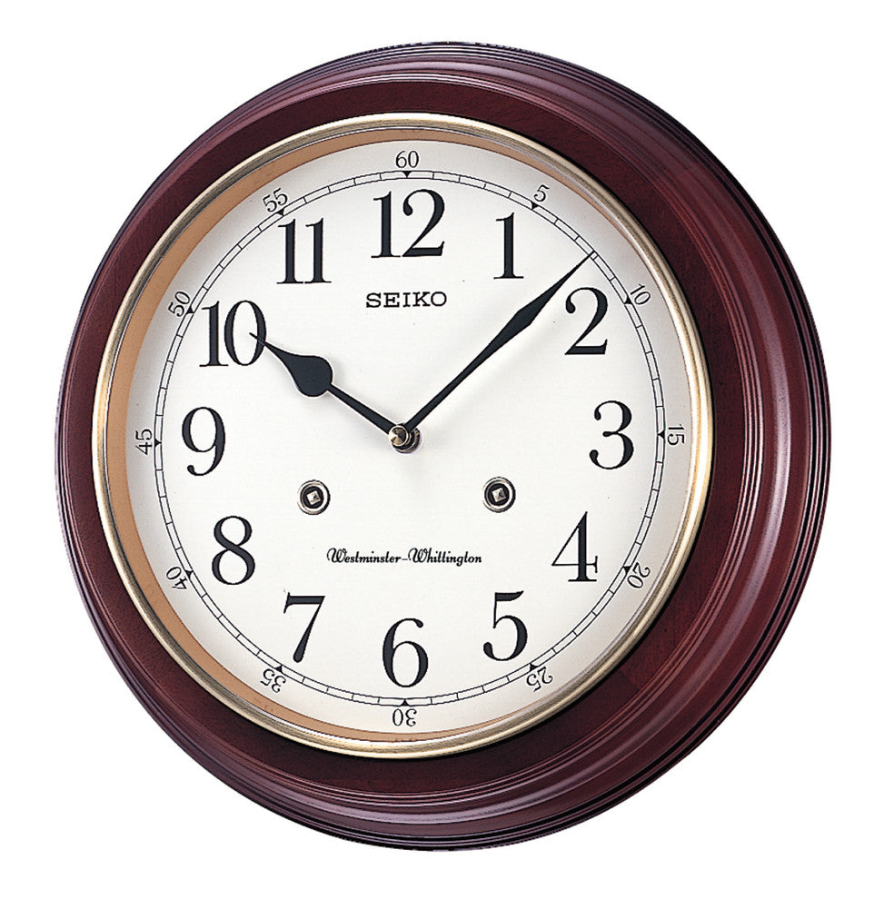 Seiko Clocks, 12" Round Wood Grain Wall Clock With Dual Quarter Hour Chimes