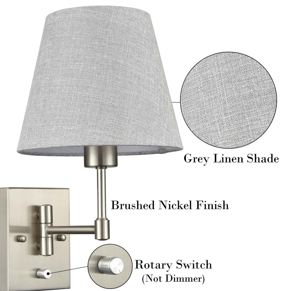Plug-in Wall Sconces Fabric Swing Arm Wall Lamp, Set of 2, Brushed Nickel