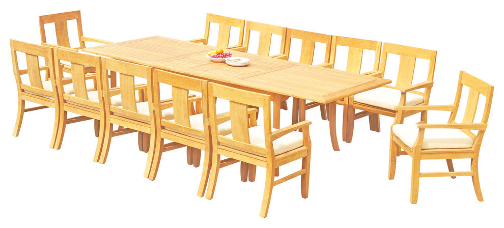 13-Piece Outdoor Teak Dining Set, 117" Extn Rectangle Table, 12 Osbo Arm Chairs