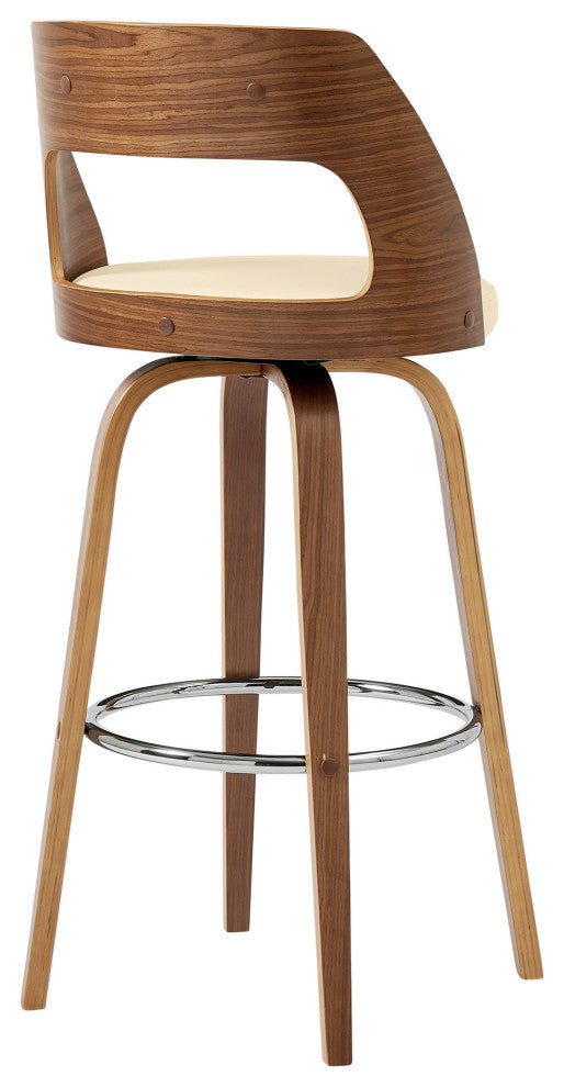 26" Retro Mod Cream Faux Leather and Walnut Swivel Counter Stool