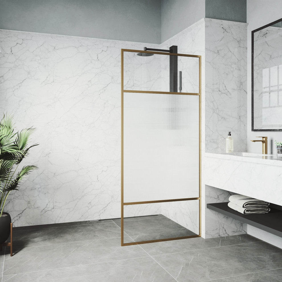 VIGO Essex 34" W x 74" H Framed Fixed Shower Screen with Fluted Glass, Matte Brushed Gold