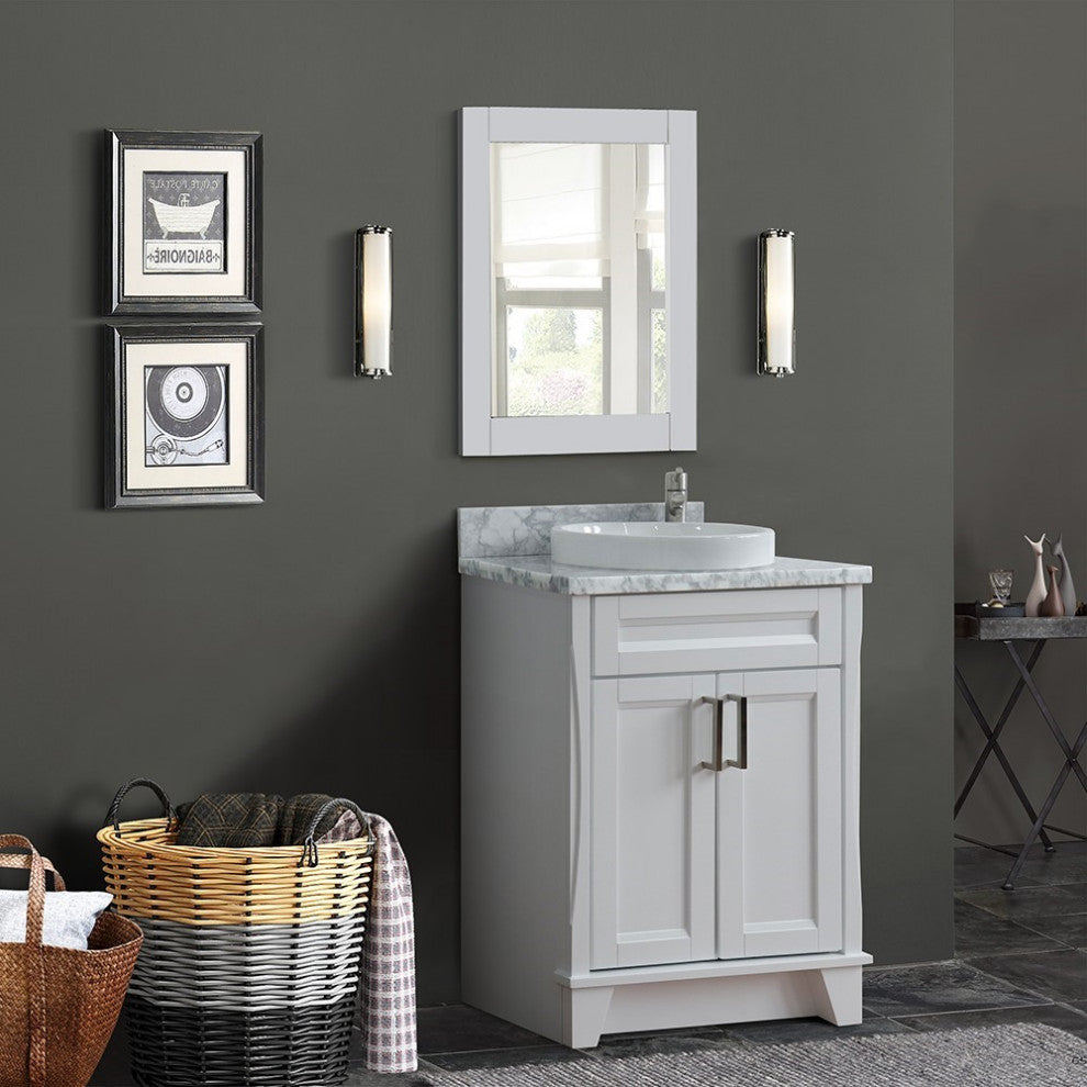 25" Single Sink Vanity, White Finish With White Carrara Marble And Round Sink
