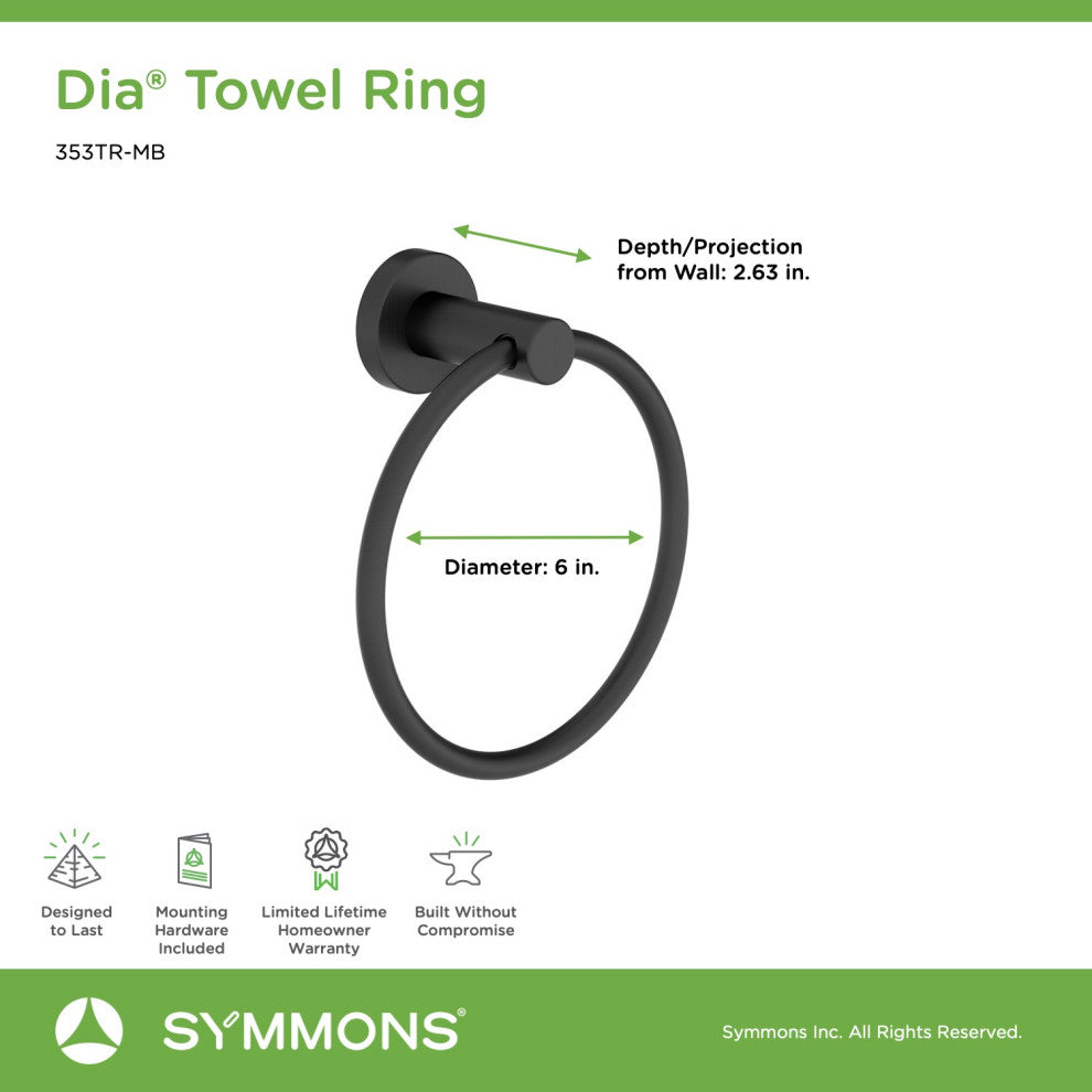 Dia Hand Towel Ring with Mounting Hardware, Matte Black