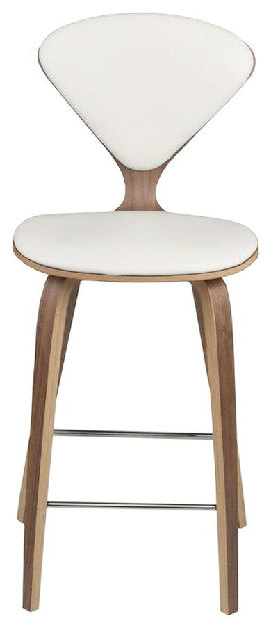Satine Bar Stool, Molded Plywood Barstool, Leather Seat, Walnut Frame, White