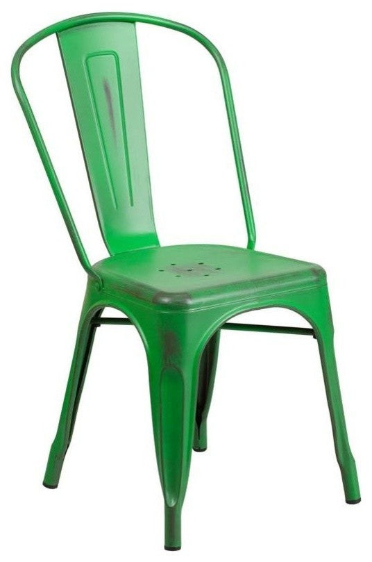 Distressed Green Metal Indoor-Outdoor Stackable Chair