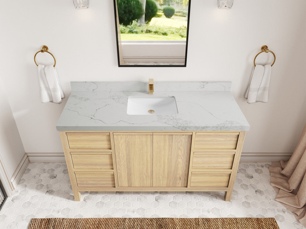 Elizabeth Oak 60" Single Sink Vanity, White 2" Calacatta Nuvo