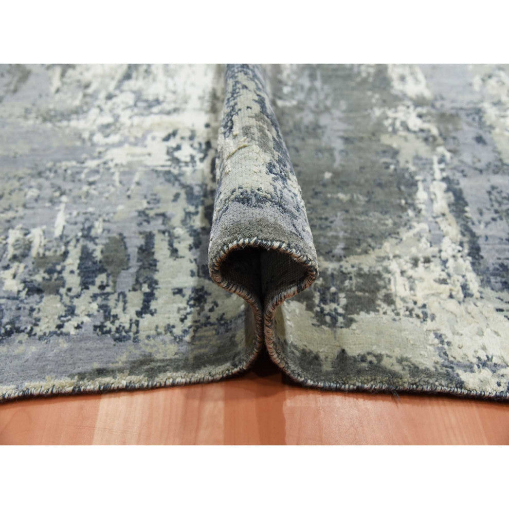 Charcoal Gray Wool and Silk Denser Weave Hand Knotted Square Rug, 8'0"x8'2"