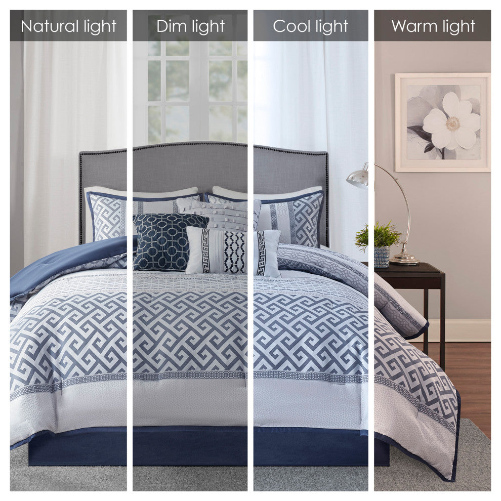 Madison Park Bennett Traditional Greek Keys 7-Piece Comforter Set, Navy Blue, Ki